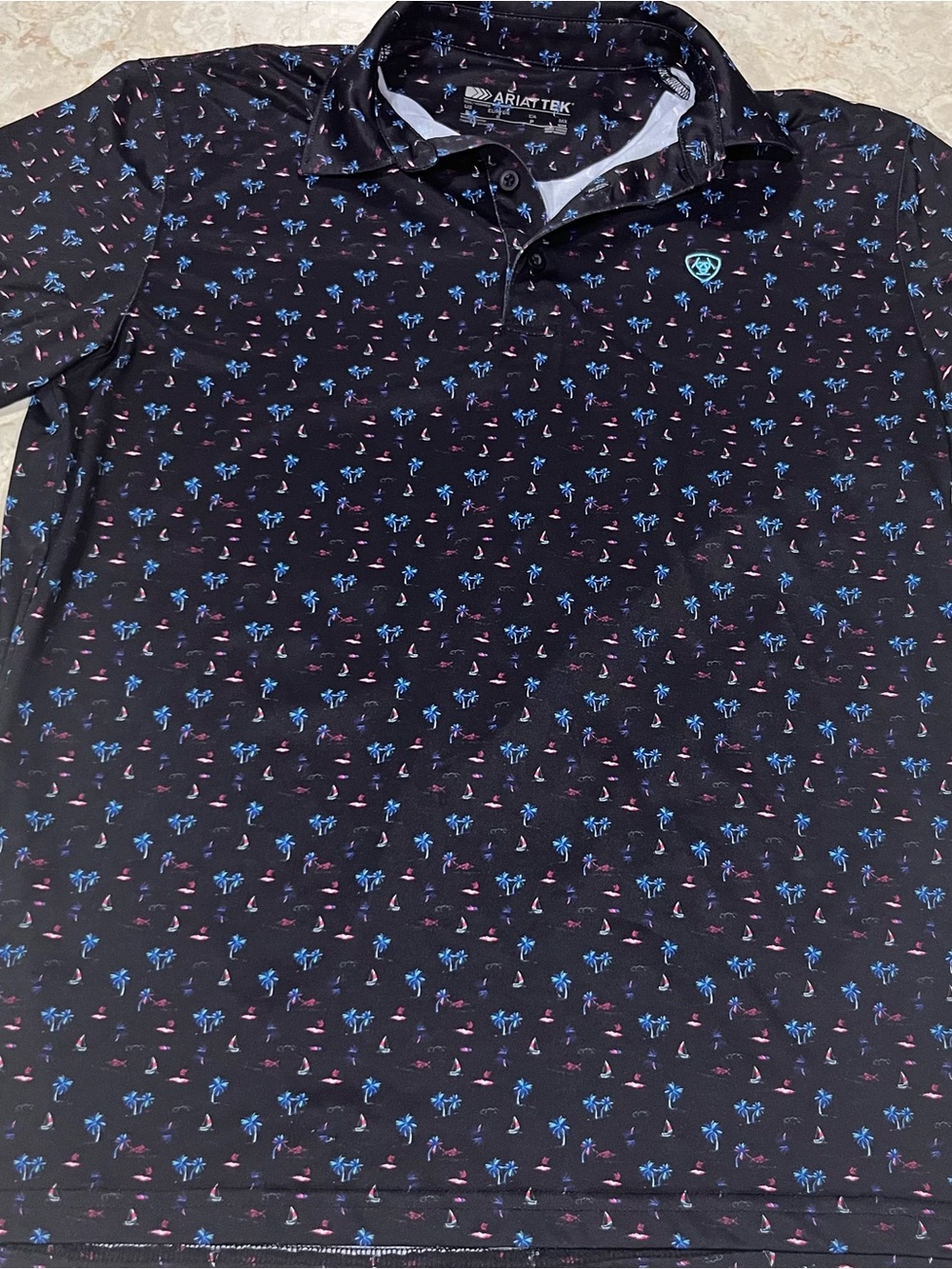 Ariat Men’s Black Polo with Blue & Pink Micro Palm Print